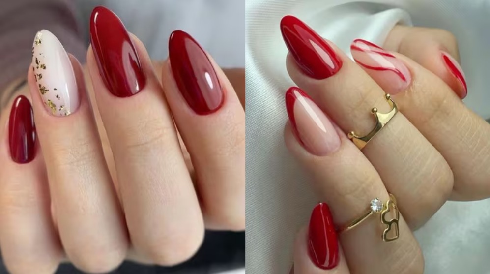 Montagem com fotos de unhas decoradas em vermelho